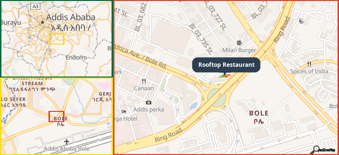 Map showing the address of Rooftop Restaurant in three different zoom levels.