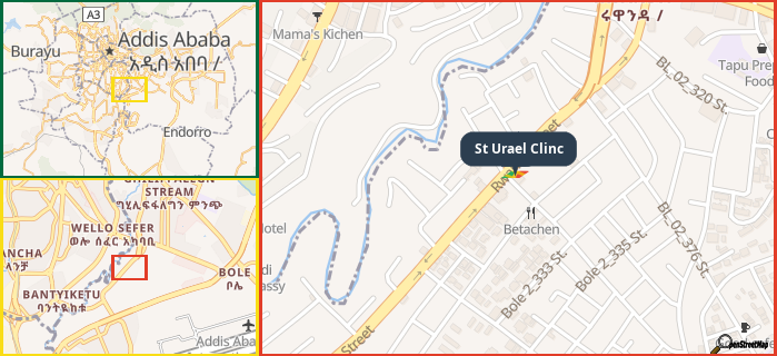 Map showing the address of St Urael Clinc in three different zoom levels.