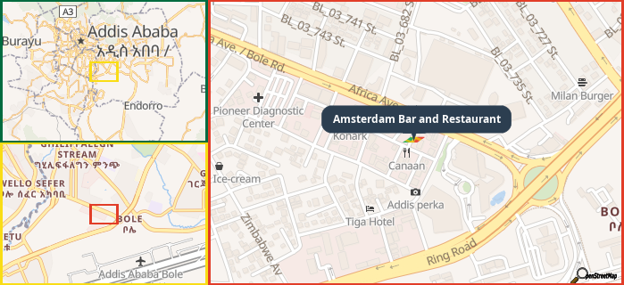 Map showing the address of Amsterdam Bar and Restaurant in three different zoom levels.