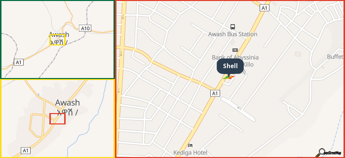 Map showing the address of Shell in three different zoom levels.