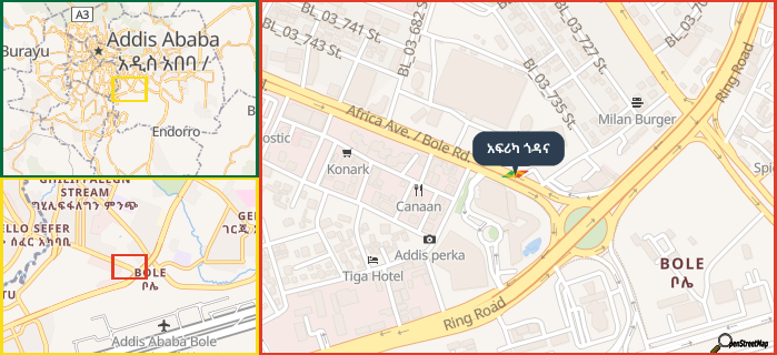 Map showing the address of አፍሪካ ጎዳና in three different zoom levels.