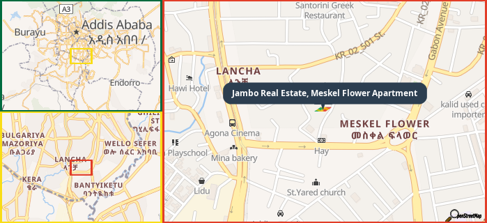 Map showing the address of Jambo Real Estate, Meskel Flower Apartment in three different zoom levels.