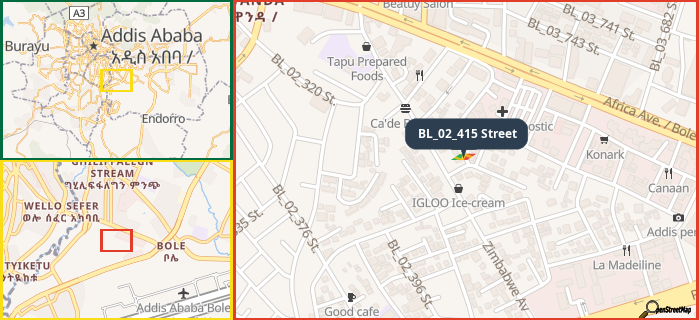 Map showing the address of BL_02_415 Street in three different zoom levels.