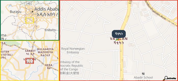 Map showing the address of ቫቲካን in three different zoom levels.