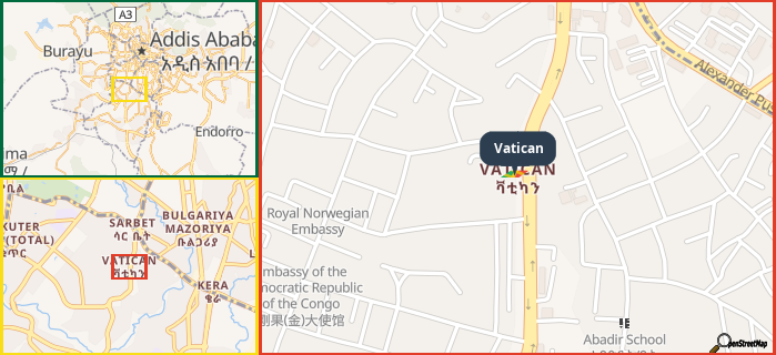 Map showing the address of Vatican in three different zoom levels.