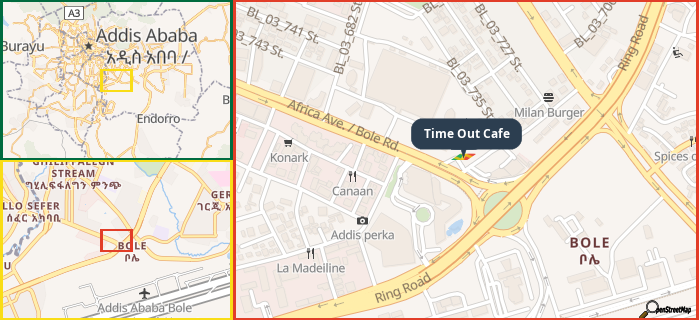 Map showing the address of Time Out Cafe in three different zoom levels.