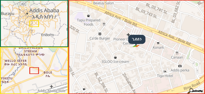 Map showing the address of ጊብሰን in three different zoom levels.
