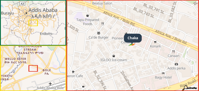 Map showing the address of Chaka in three different zoom levels.