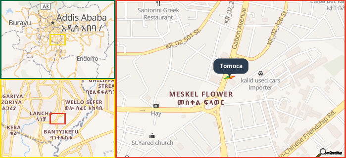 Map showing the address of Tomoca in three different zoom levels.