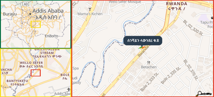 Map showing the address of ሰንሻይን ላውንደሪ ቁ.8 in three different zoom levels.