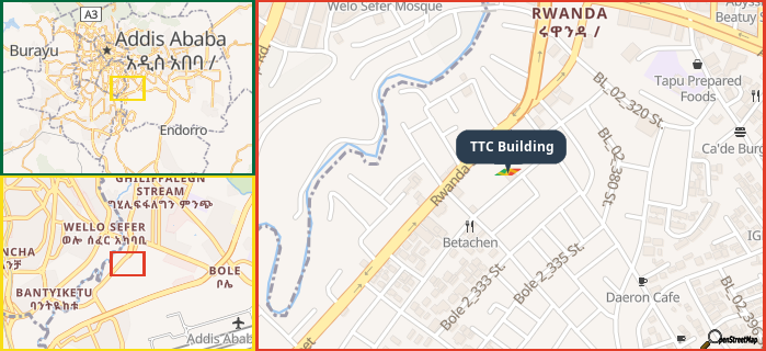 Map showing the address of TTC Building in three different zoom levels.