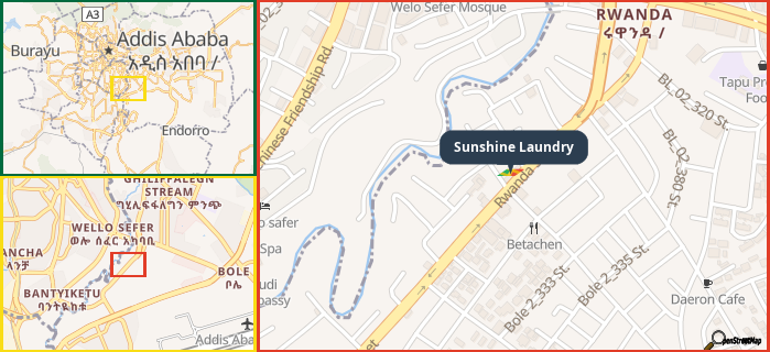 Map showing the address of Sunshine Laundry in three different zoom levels.