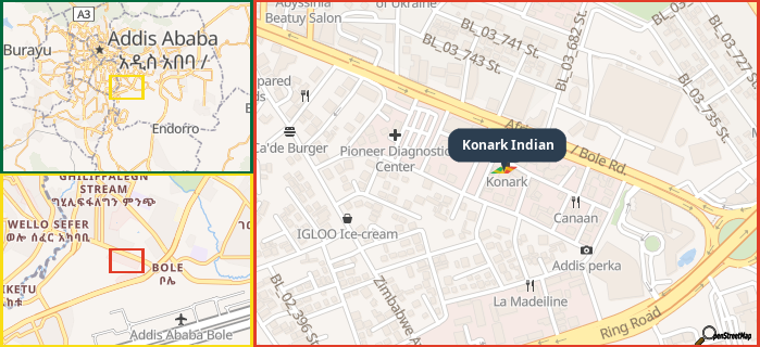 Map showing the address of Konark Indian in three different zoom levels.