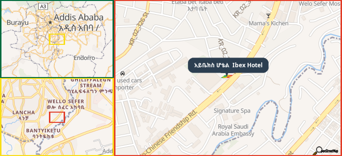 Map showing the address of አይቤክስ ሆቴል  Ibex Hotel in three different zoom levels.