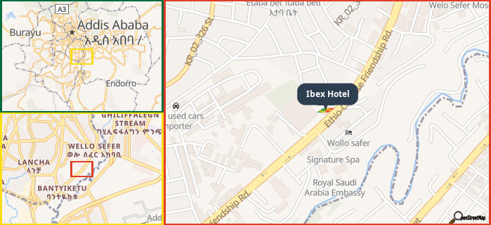 Map showing the address of Ibex Hotel in three different zoom levels.