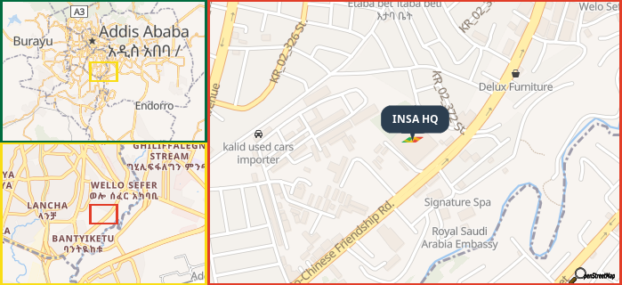 Map showing the address of INSA HQ in three different zoom levels.