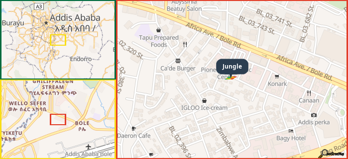 Map showing the address of Jungle in three different zoom levels.