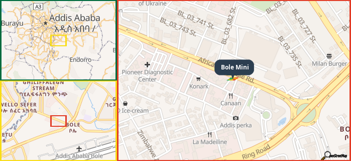 Map showing the address of Bole Mini in three different zoom levels.