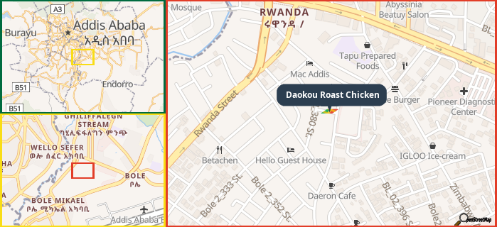 Map showing the address of Daokou Roast Chicken in three different zoom levels.