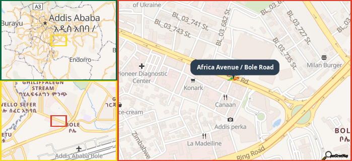 Map showing the address of Africa Avenue / Bole Road in three different zoom levels.