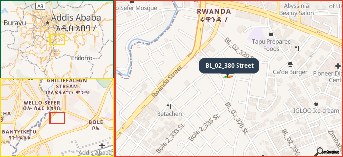 Map showing the address of BL_02_380 Street in three different zoom levels.