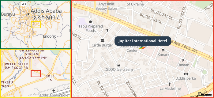 Map showing the address of Jupiter International Hotel in three different zoom levels.