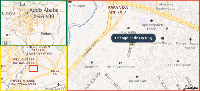 Map showing the address of Chengdu Stir-Fry BBQ in three different zoom levels.