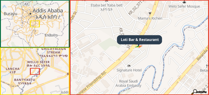 Map showing the address of Loti Bar & Restaurant in three different zoom levels.