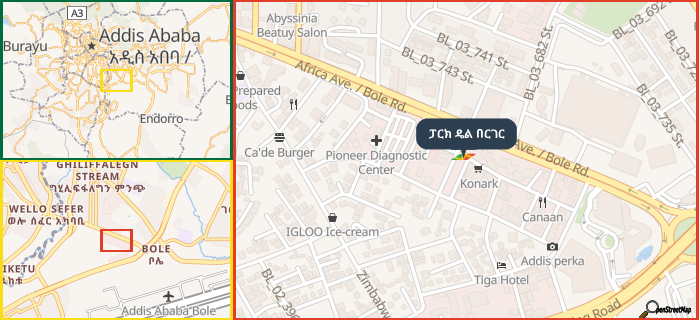 Map showing the address of ፓርክ ዴል በርገር in three different zoom levels.