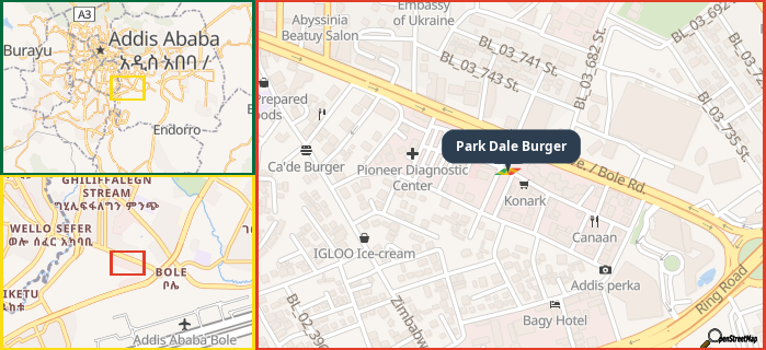 Map showing the address of Park Dale Burger in three different zoom levels.