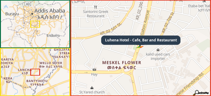 Map showing the address of Luhena Hotel - Cafe, Bar and Restaurant in three different zoom levels.