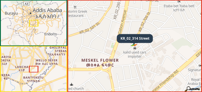 Map showing the address of KR_02_314 Street in three different zoom levels.