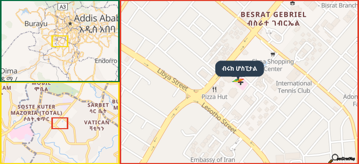 Map showing the address of ብሩክ ሆስፒታል in three different zoom levels.