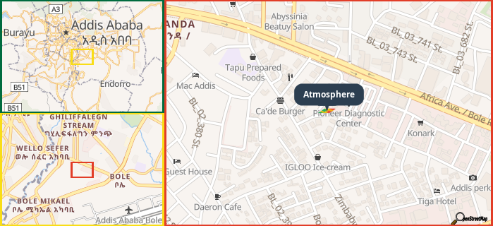 Map showing the address of Atmosphere in three different zoom levels.