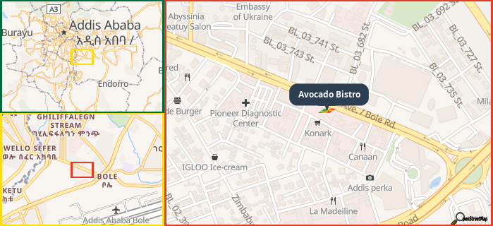 Map showing the address of Avocado Bistro in three different zoom levels.