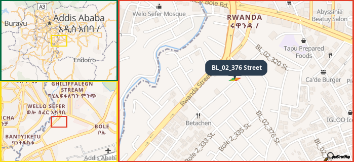 Map showing the address of BL_02_376 Street in three different zoom levels.