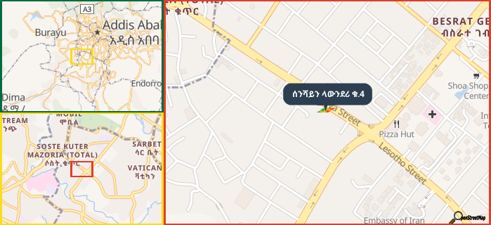 Map showing the address of ሰንሻይን ላውንደሪ ቁ.4 in three different zoom levels.