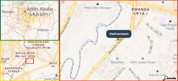 Map showing the address of Hadramaout in three different zoom levels.