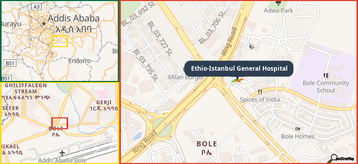 Map showing the address of Ethio-Istanbul General Hospital in three different zoom levels.