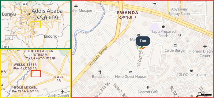 Map showing the address of Tao in three different zoom levels.