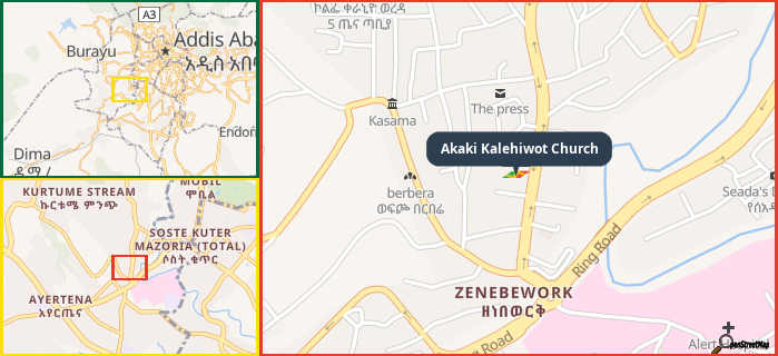 Map showing the address of Akaki Kalehiwot Church in three different zoom levels.