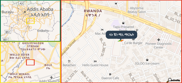 Map showing the address of ላኦ ቼን ሚኒ ማርኬት in three different zoom levels.