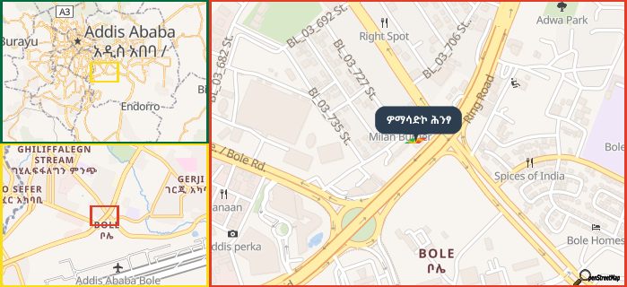 Map showing the address of ዎማሳድኮ ሕንፃ in three different zoom levels.
