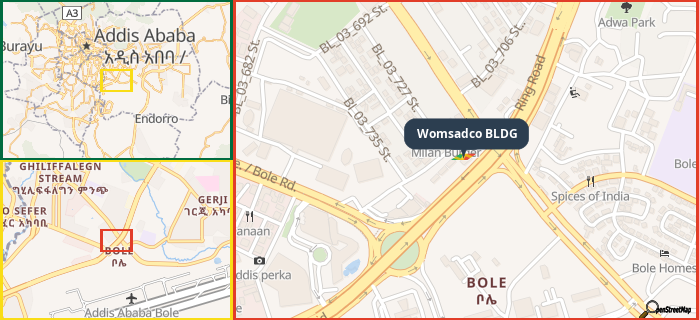 Map showing the address of Womsadco BLDG in three different zoom levels.