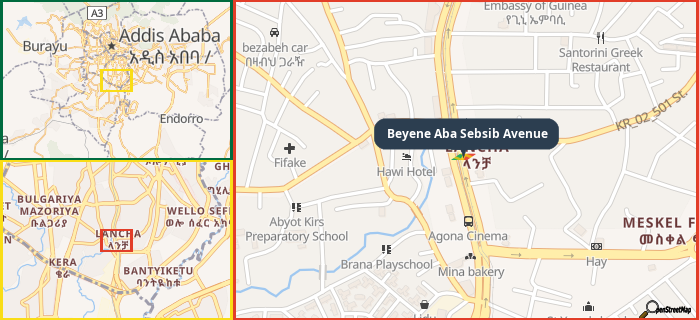 Map showing the address of Beyene Aba Sebsib Avenue in three different zoom levels.