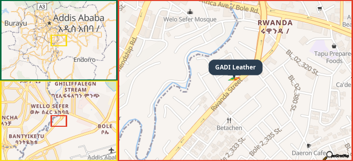 Map showing the address of GADI Leather in three different zoom levels.