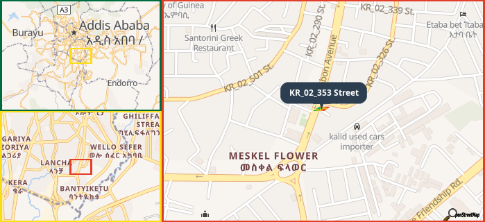 Map showing the address of KR_02_353 Street in three different zoom levels.