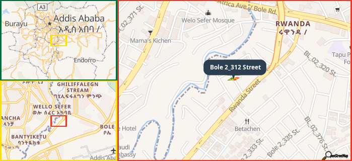 Map showing the address of Bole 2_312 Street in three different zoom levels.