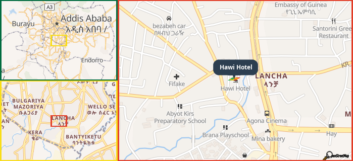 Map showing the address of Hawi Hotel in three different zoom levels.