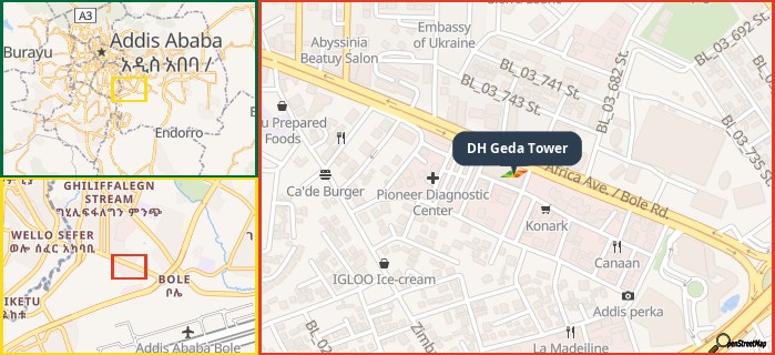 Map showing the address of DH Geda Tower in three different zoom levels.